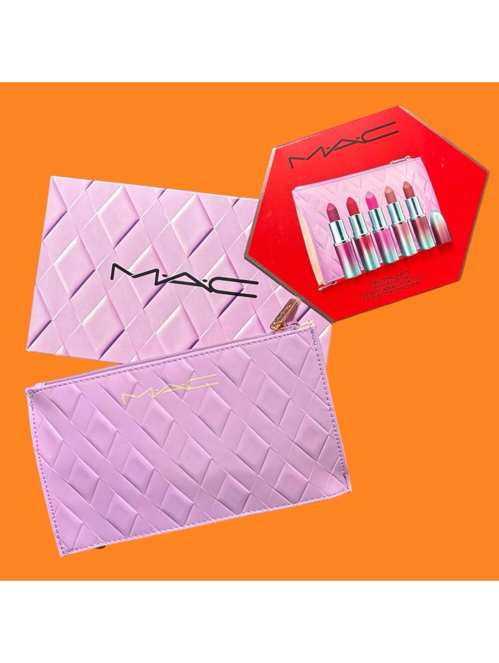 MAC 5 MACXIMAL MATTE FULL SIZE LIPSTICKS Gift Set w/Lilac Cosmetic Bag New boxed